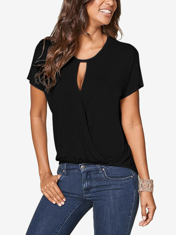 Black Cut Out Round Neck Short Sleeves Top