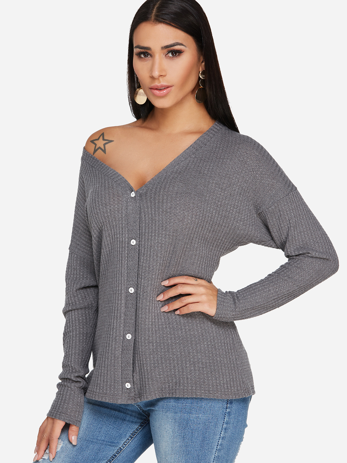 Grey V Neck Fashion T shirt