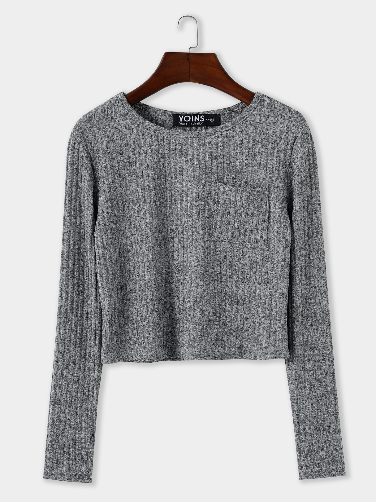 Grey Pocket Design Round Neck Long Sleeves Knitted Top
