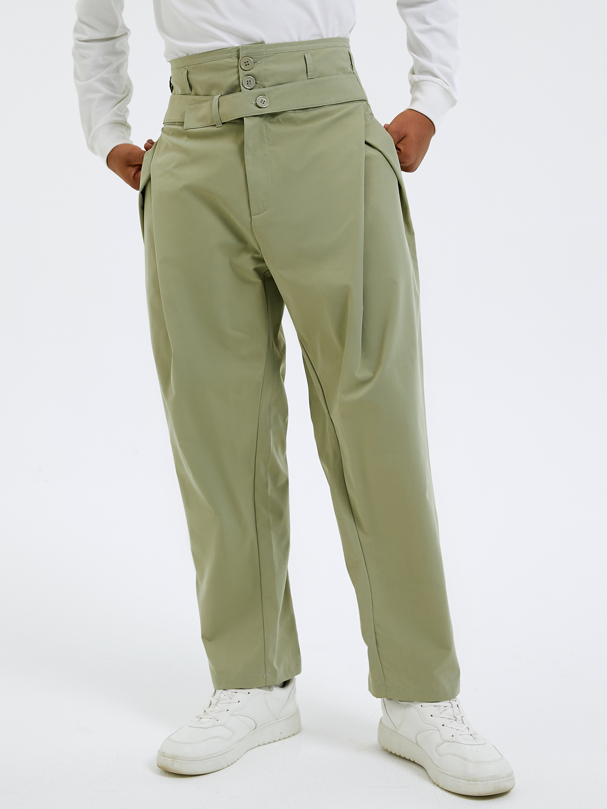 Men Casual Belt Design High Waist Casual Pants