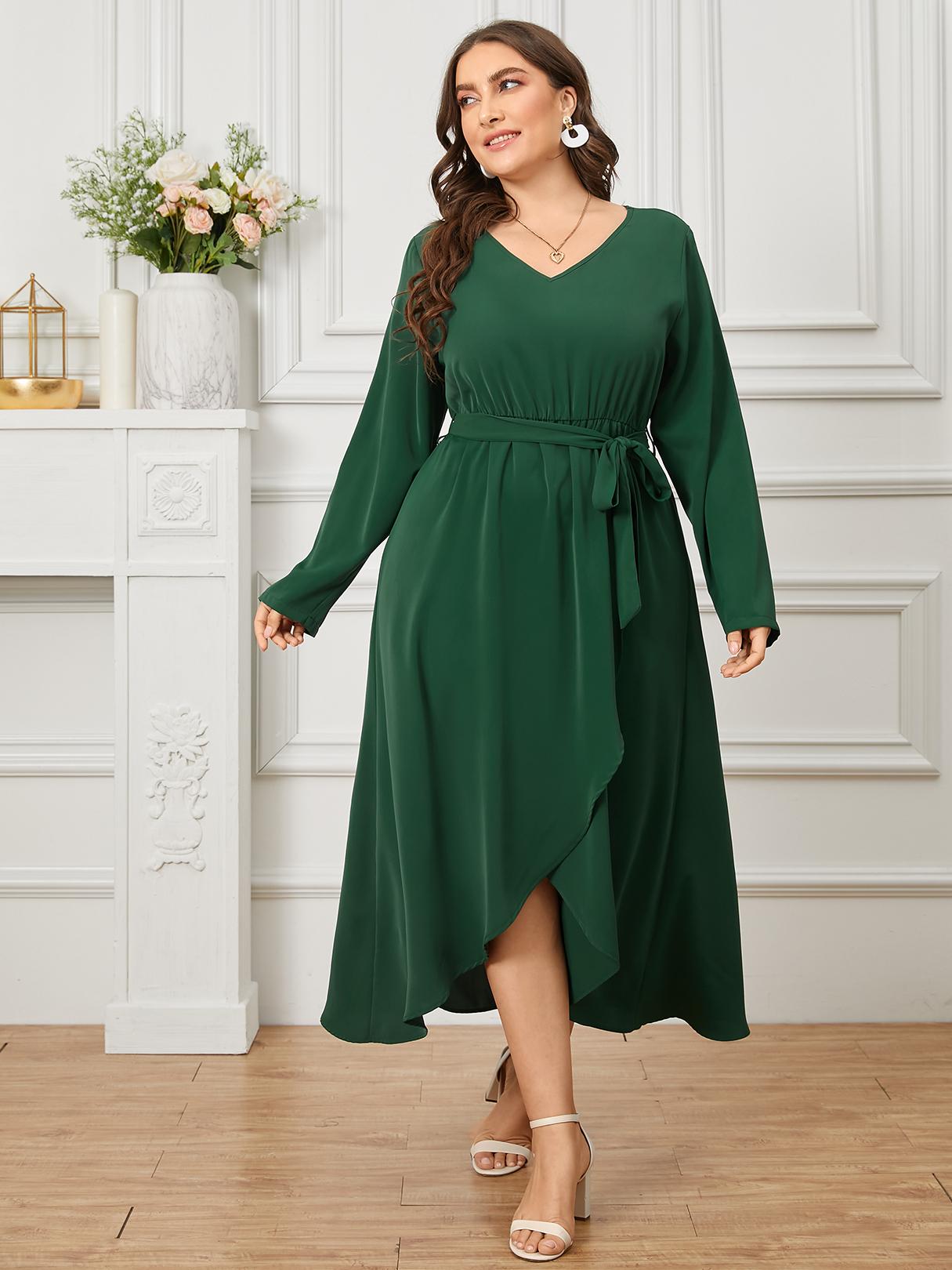 YOINS Plus Size V-neck Belt Design Elastic Waist Long Sleeves Dress
