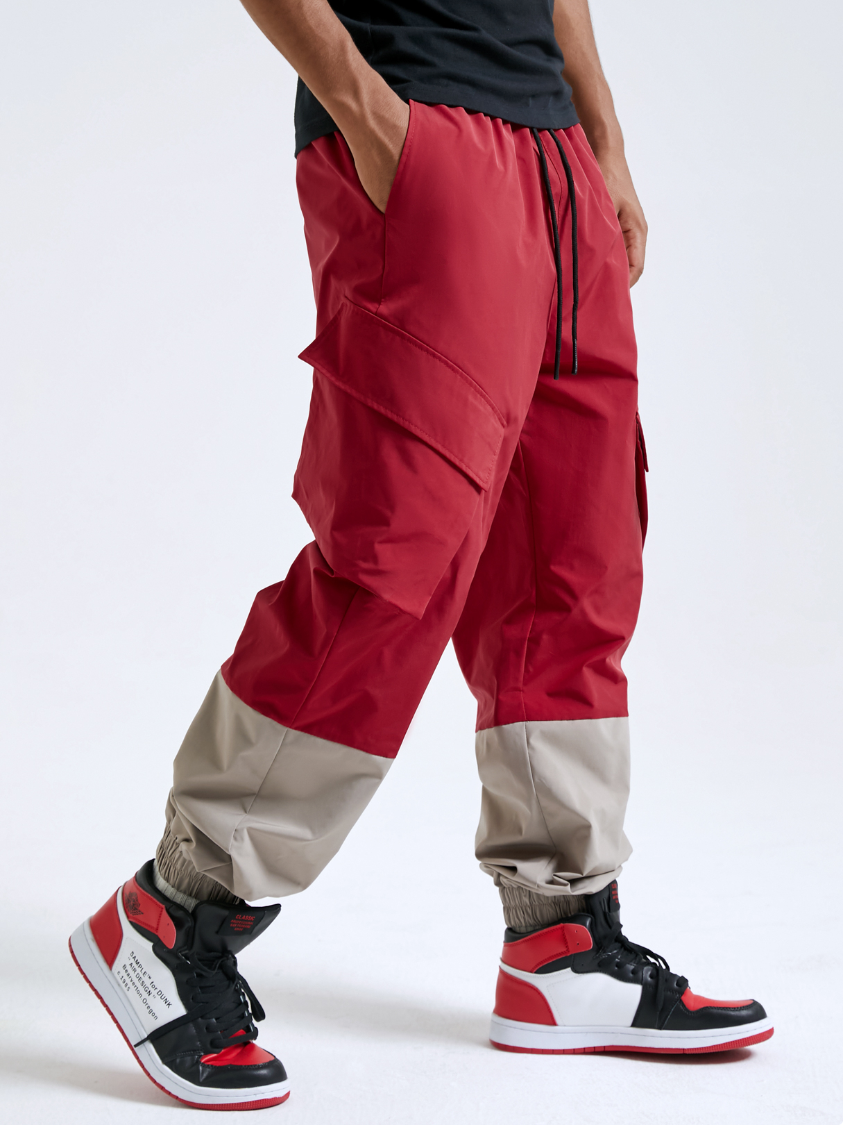 Men Casual Color Block Print Side Pockets Drawstring Cargo Pants
