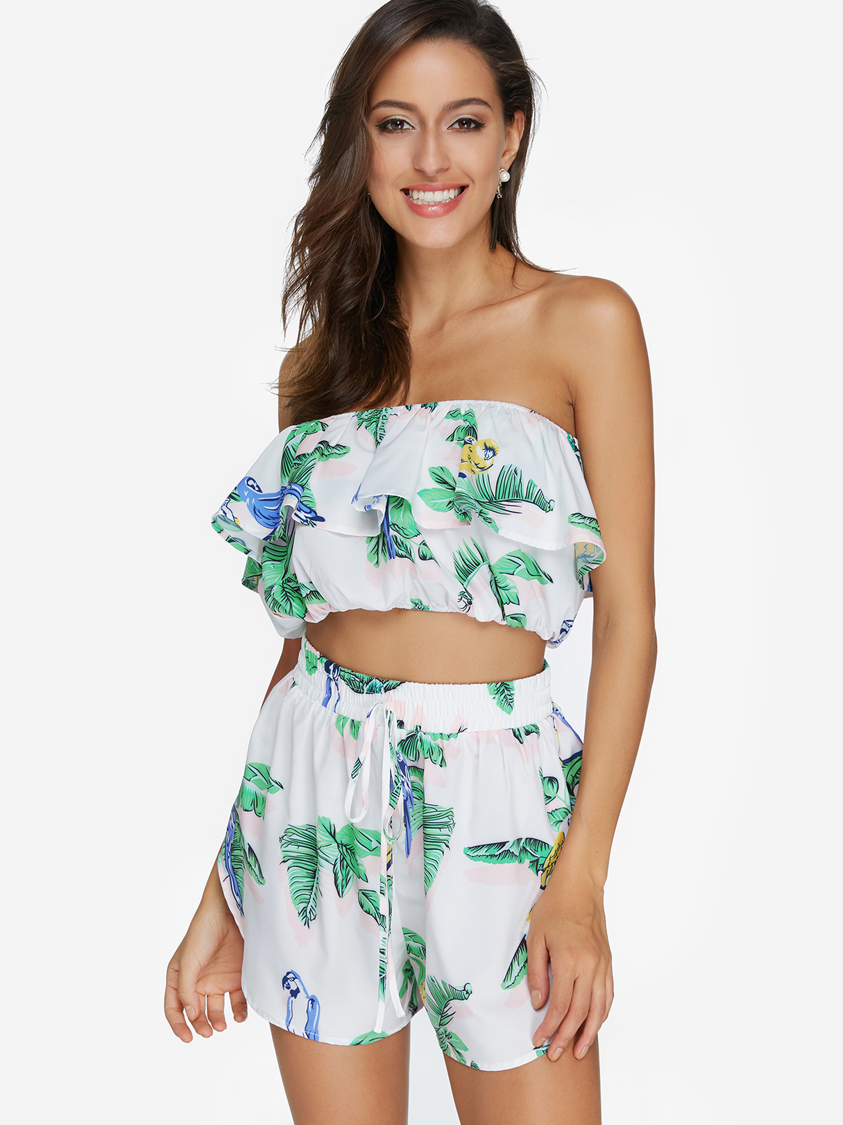 White Random Leaf Print Tube Top & High-waisted Shorts Two Piece Outfits