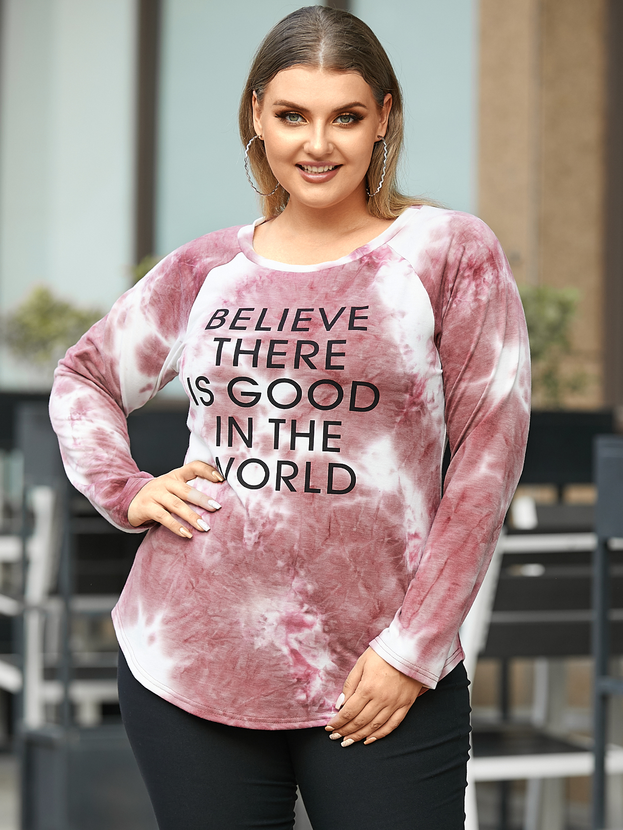 YOINS Plus Size Round Neck Tie Dye Letter Long Sleeves Tee