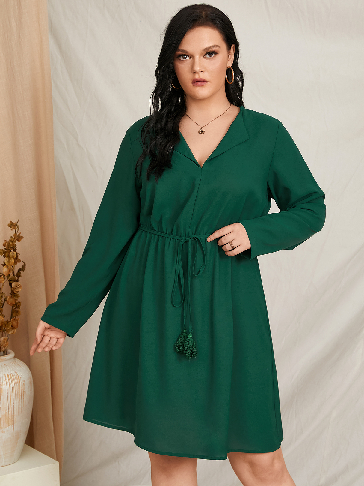 YOINS Plus Size Lapel Collar Belt Design Long Sleeves Dress