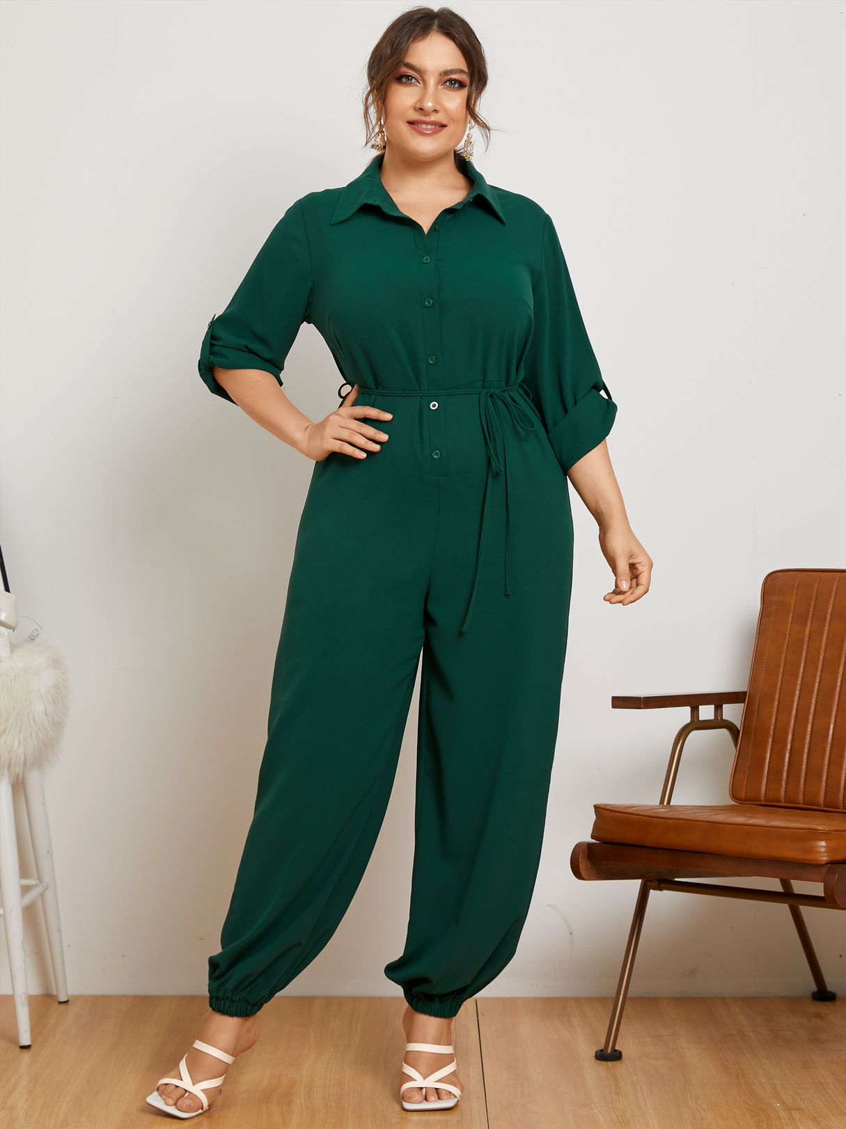 YOINS Plus Size Belt Design Front Button Long Sleeves Jumpsuit