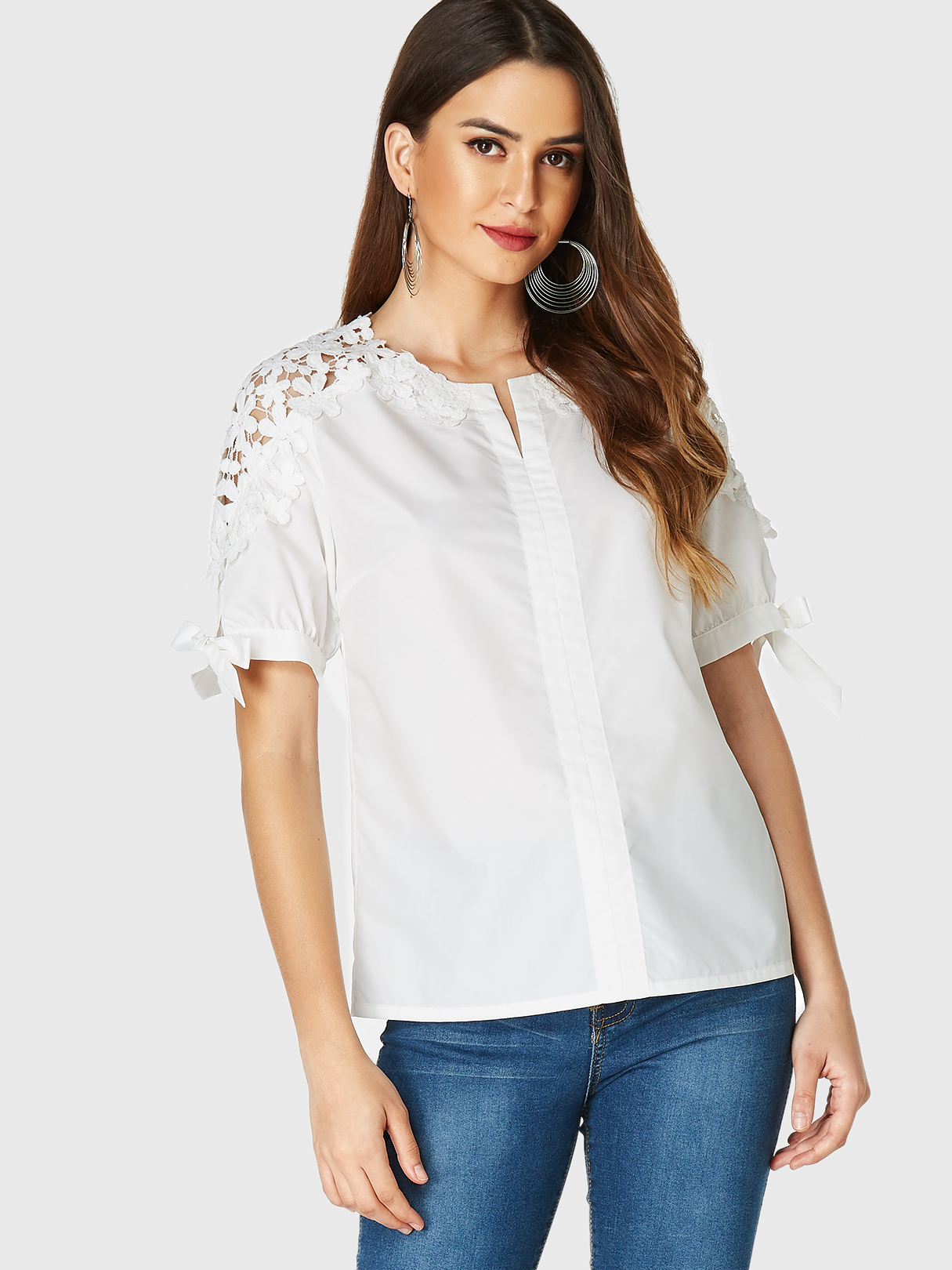 YOINS White Bowknot V-neck Short Sleeves Shirt