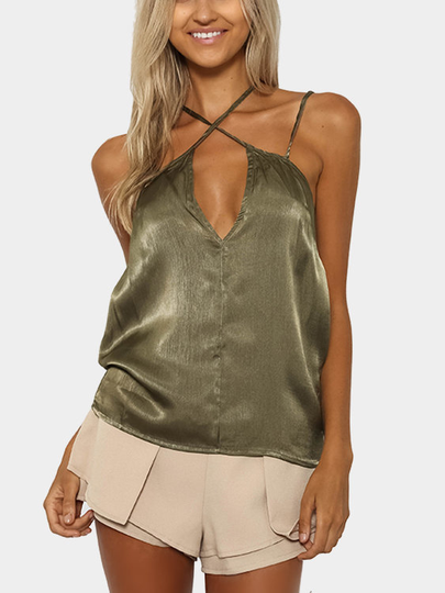 YOINS BASICS Green Sexy Self-tie Design Top