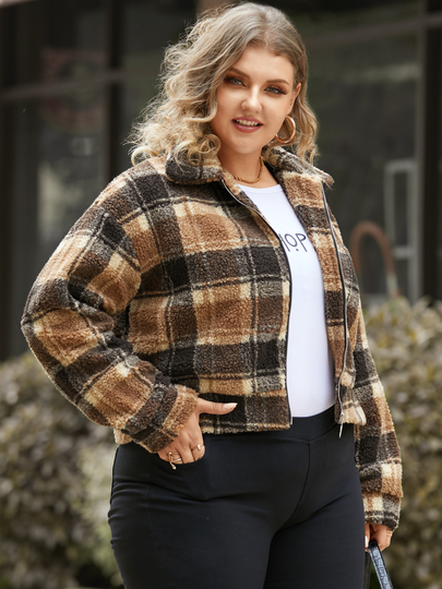 Plus Size Lapel Collar Plaid Zip Front Long Sleeves Coat