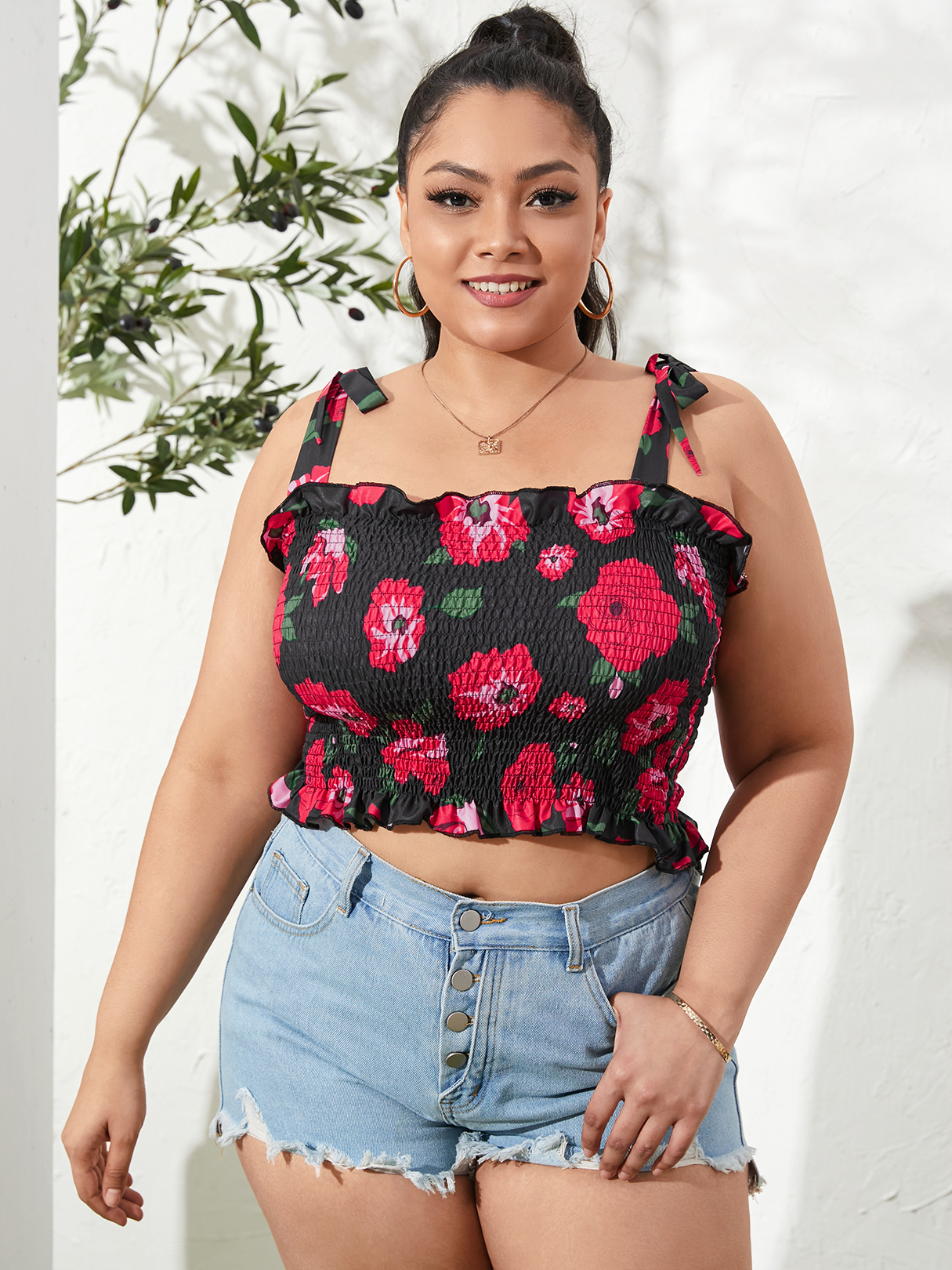 Plus Size Square Neck Floral Print Shirring Tie-up Design Sleeveless Cami