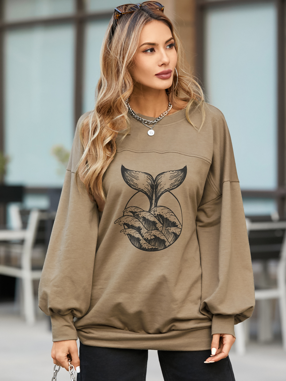 YOINS Khaki Shark Graphic Crew Neck Long Sleeves Sweatshirt