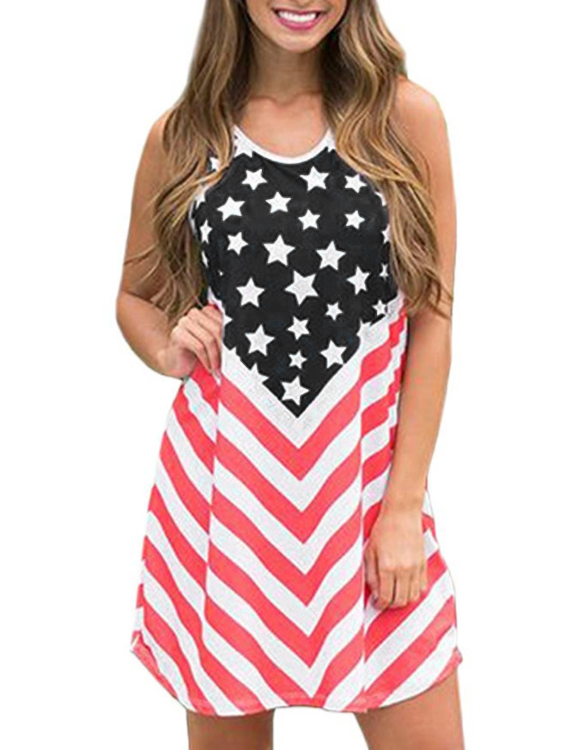 Star Striped Round Neck Sleeveless Vest Dress