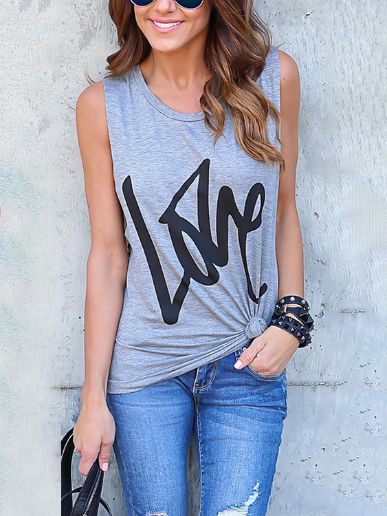 Grey Letter Pattern Round Neck Basic Vest