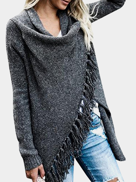 Dark Grey Tassel Details Long Sleeves Sweater