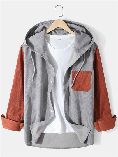 Men Corduroy Color Block Splicing Long Sleeve Chest Pocket Hooded Shirt