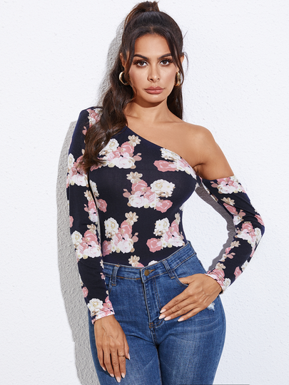 Black Floral One Shoulder Long Sleeves Tee