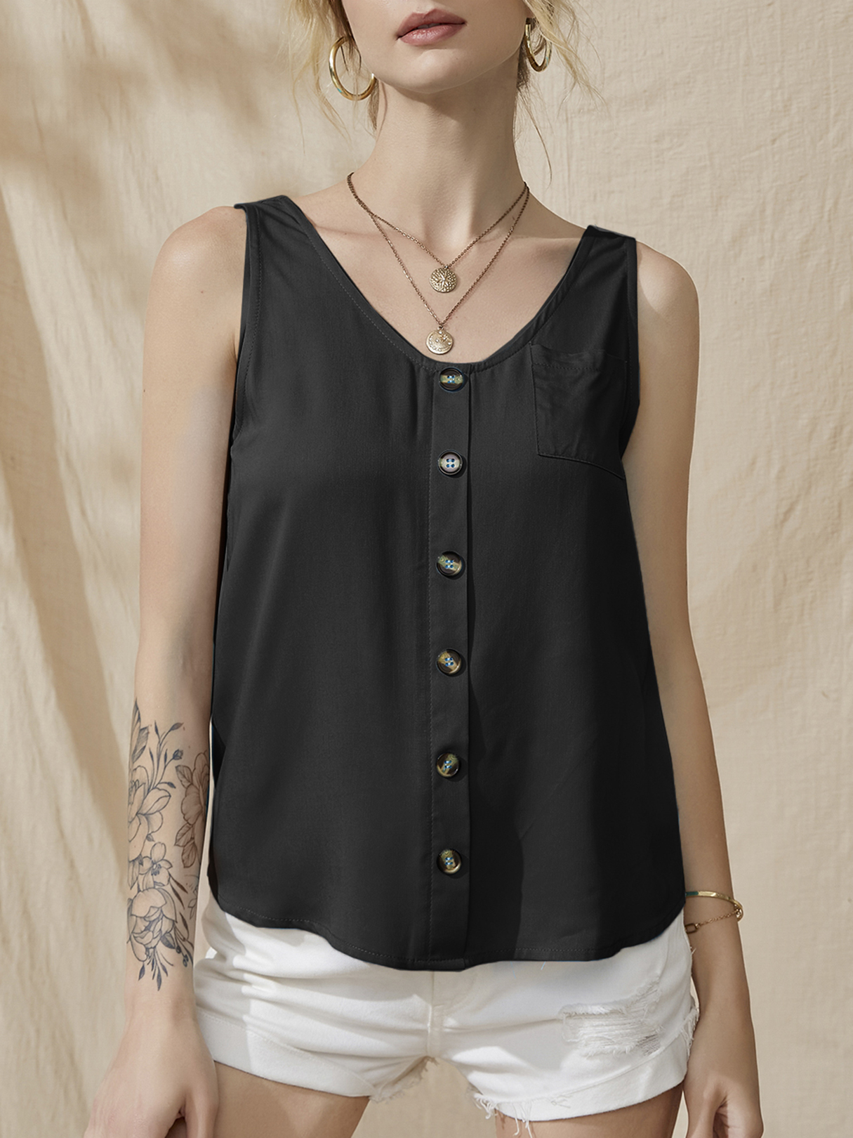 YOINS Button Design V-neck Sleeveless Tank Top