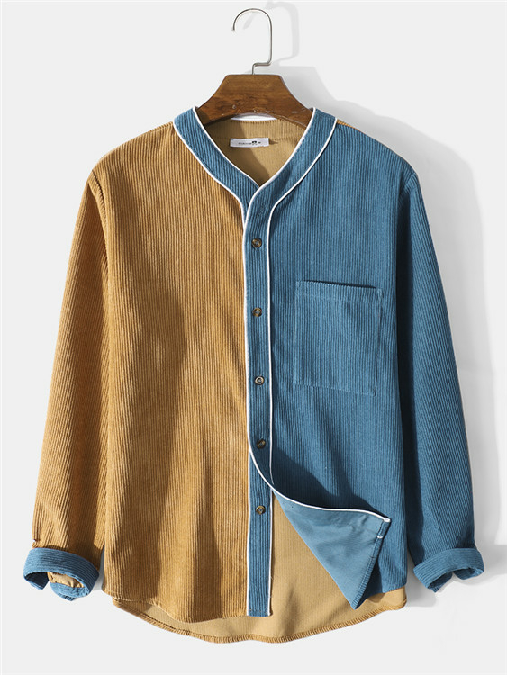 ChArmkpR Men Casual Color Block Splicing Pocket Long Sleeve Shirt