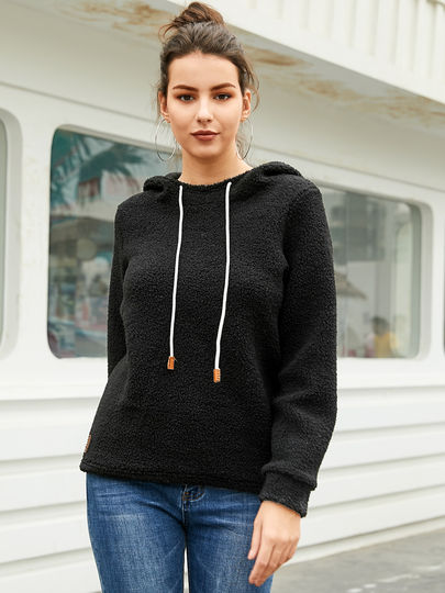 YOINS Black Drawstring Long Sleeves Teddy Hoodie