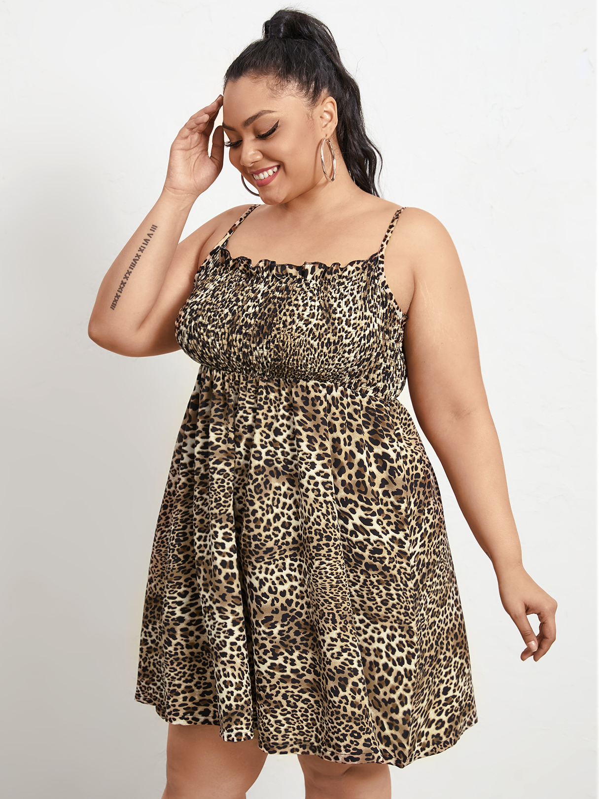 Plus Size Leopard Spaghetti Strap Shirring Sleeveless Mini Dress