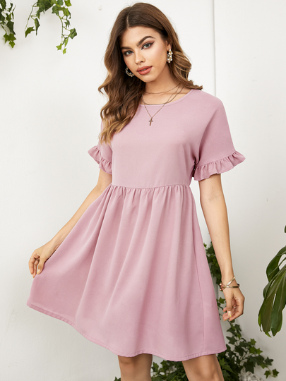 YOINS Pink Round Neck Pleated Ruffle Sleeves Mini Dress