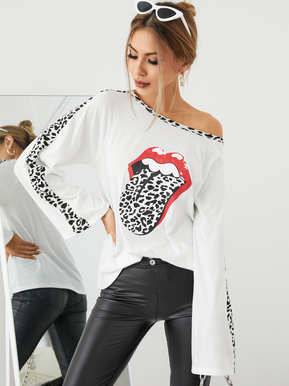 YOINS White Lip Leopard Patchwork Round Neck Long Sleeves Tee