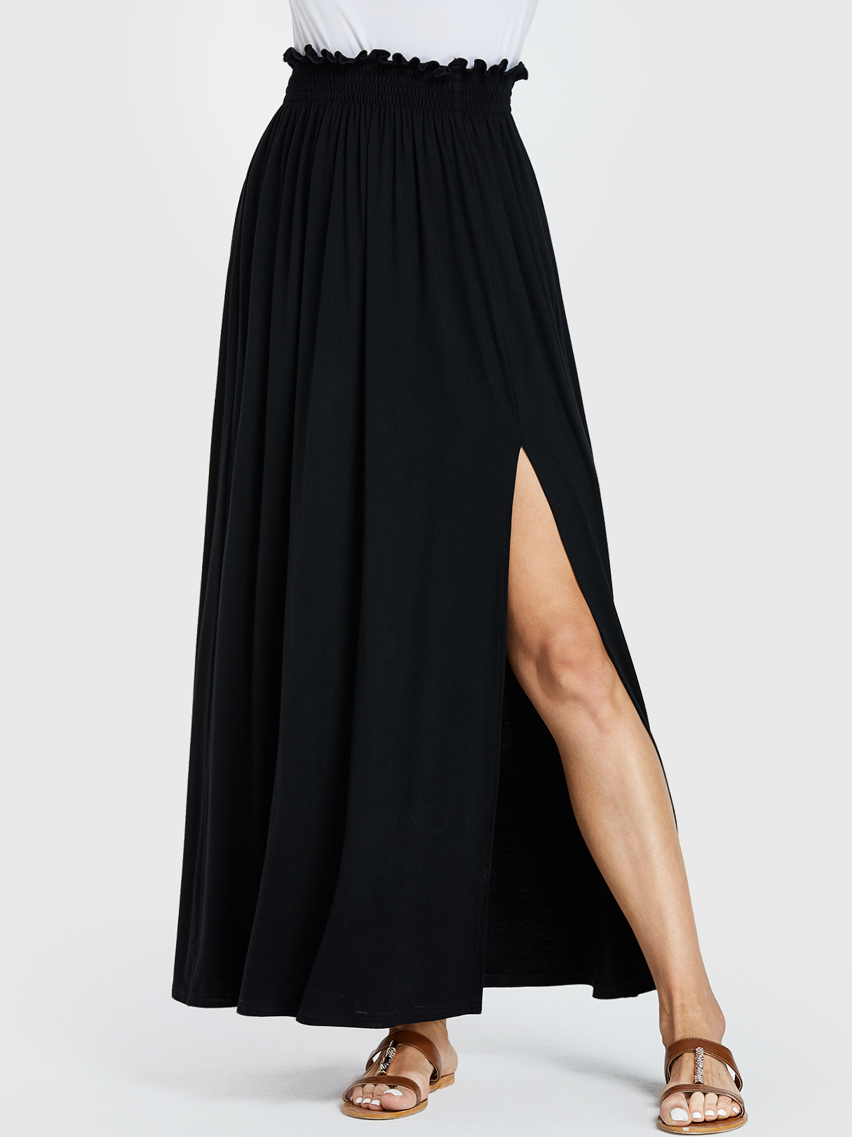 YOINS Black Shirring Slit Hem High-Waisted Skirt