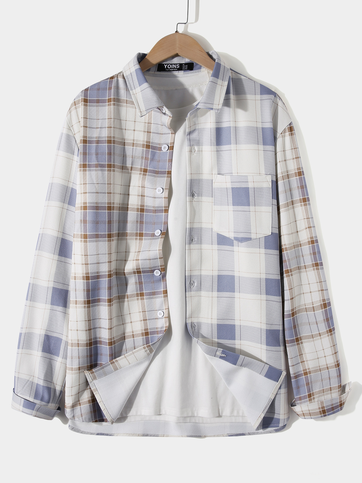 Men Casual Multicolor Plaid Splice Pocket Shirt