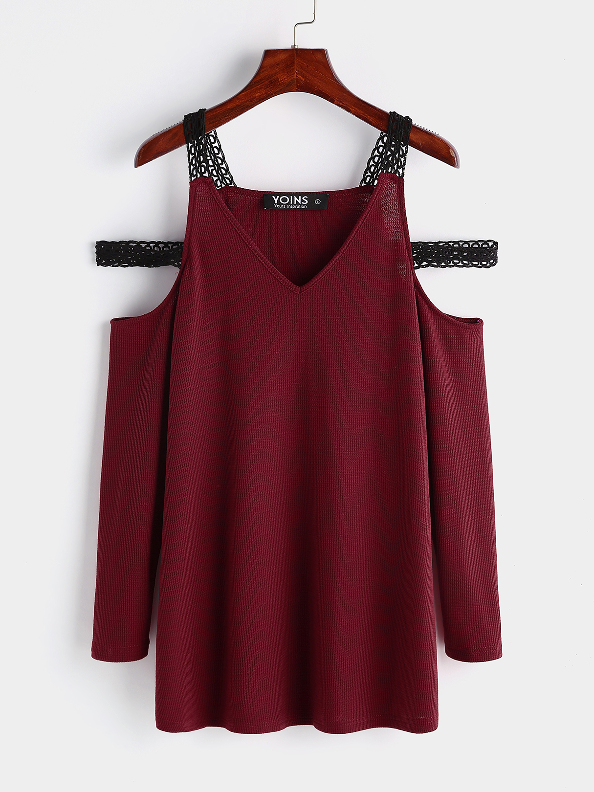 Burgundy Lace Details Plain Cold Shoulder Long Sleeves T-shirts