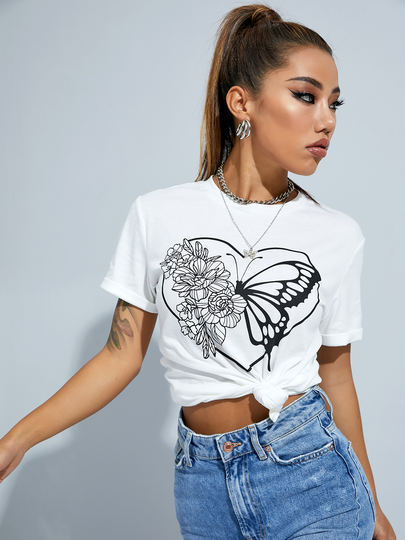 YOINS Butterfly Print Crew Neck Short Sleeves Tee