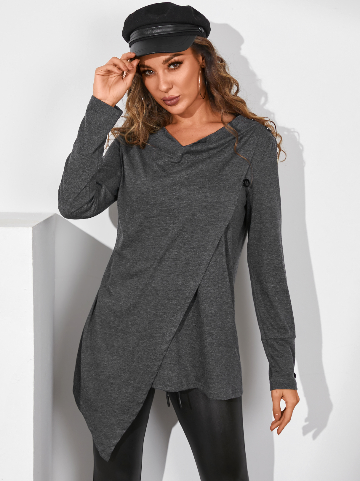 YOINS Dark Grey Button Design Drape Sagging Long Sleeves Sweatshirt