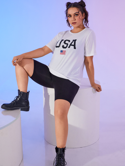 Plus Size Crew Neck Letter Short Sleeves The American Flag Tee