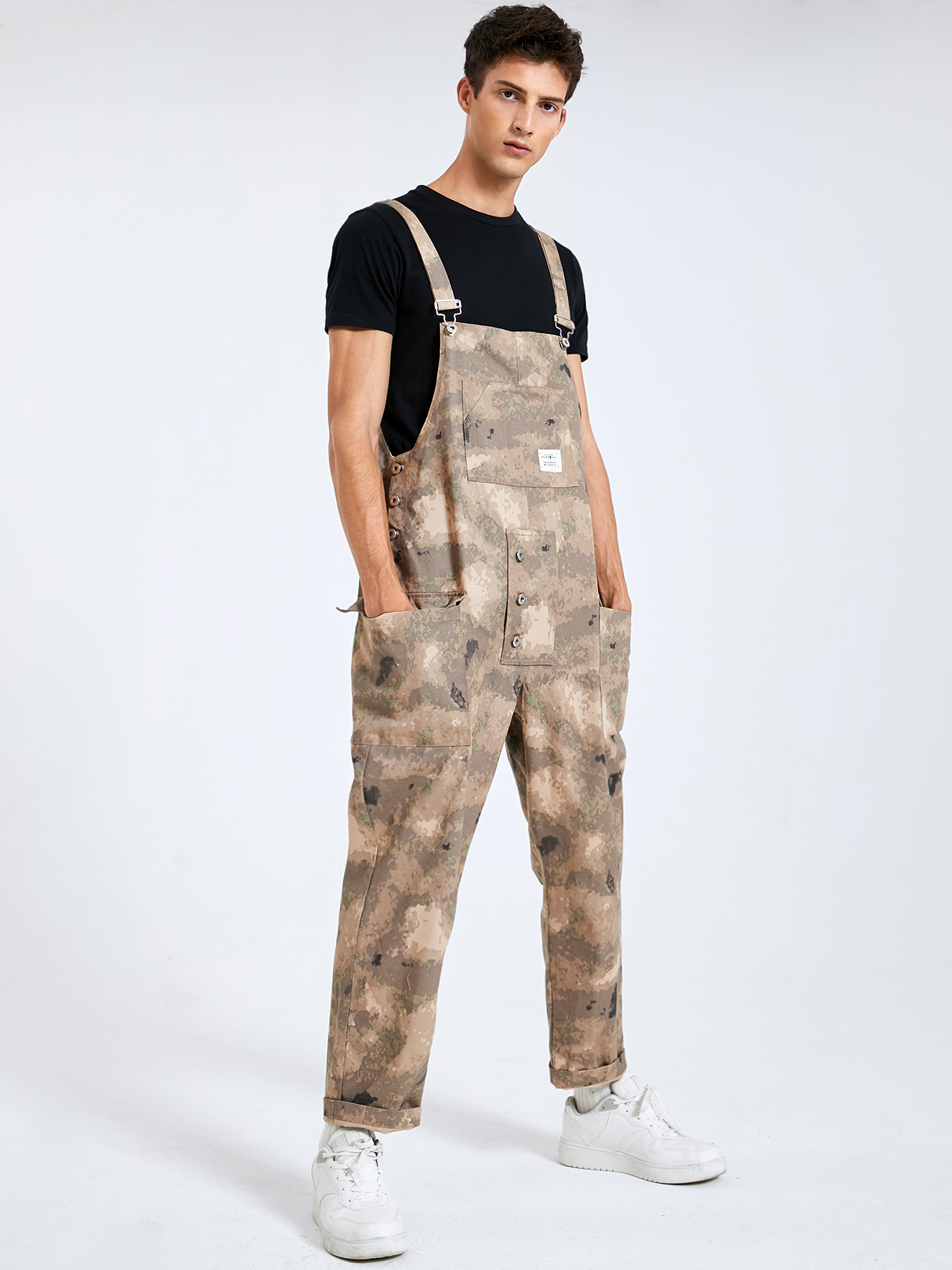Men 100% Cotton Stylish Cotton Camo Print Button Design Sleeveless Bib Overalls Jumpsuit