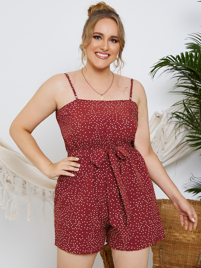Plus Size Red Spaghetti Polka Dot Belt Design Backless Design Playsuit