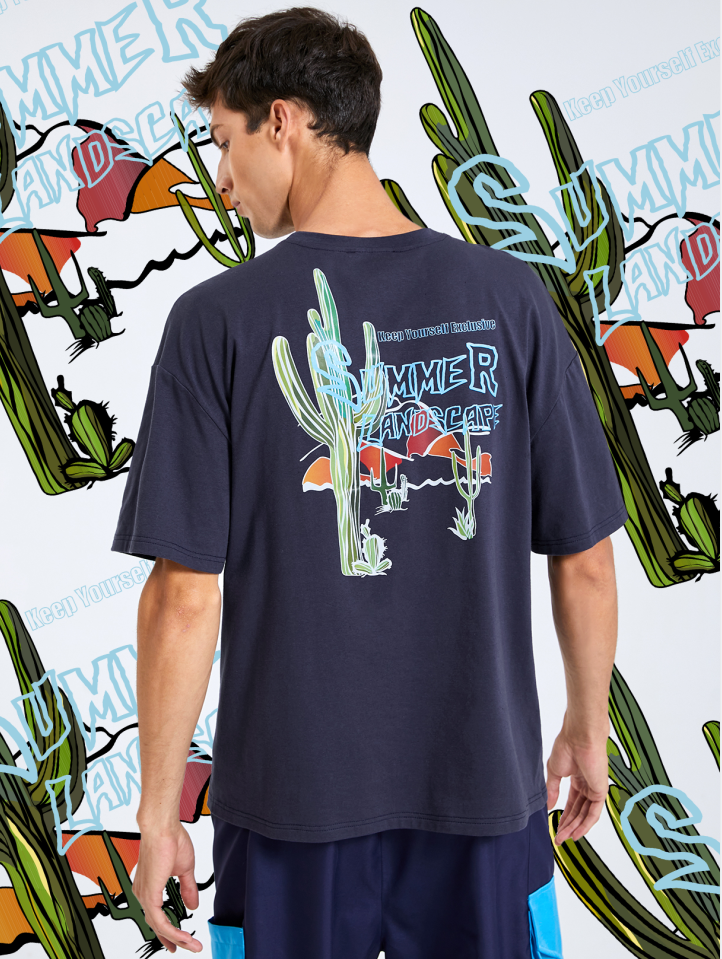 Men 100% Cotton Comfortable Cactus And Landscape Print T-Shirt