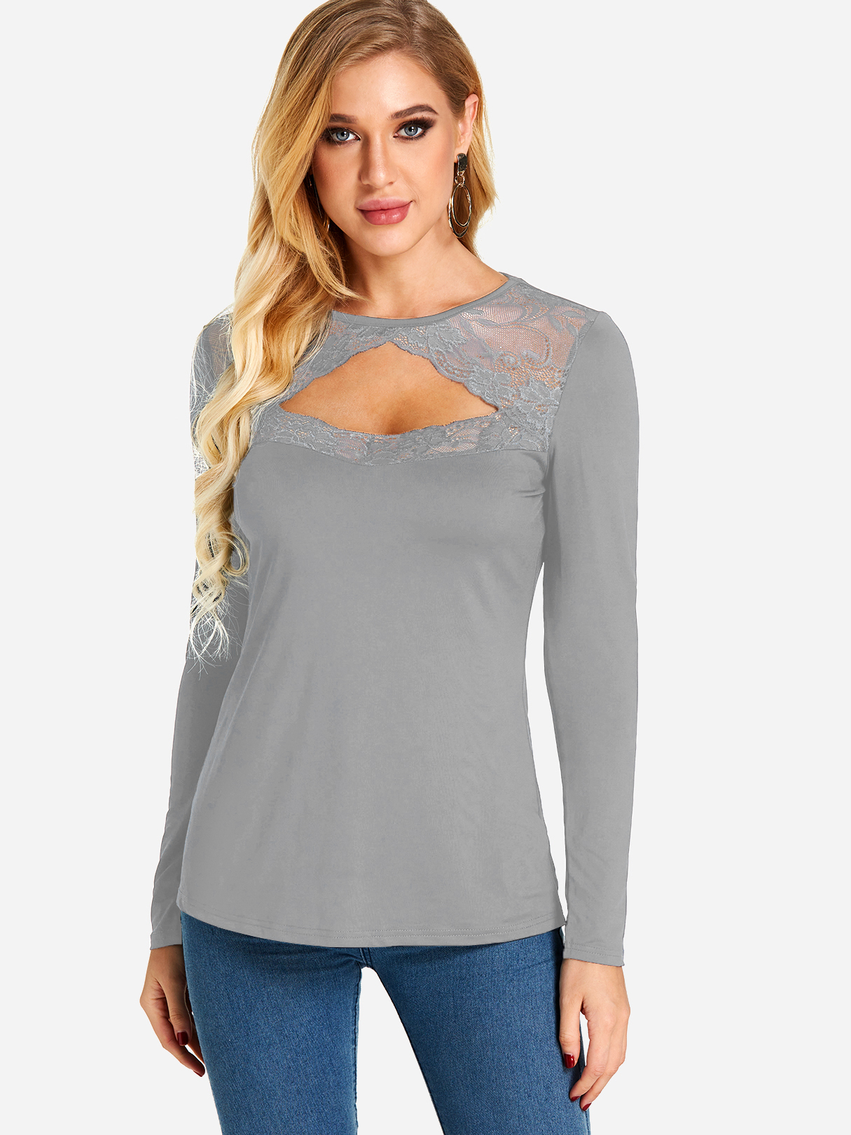 Grey Cut Out See Through Lace Insert Round Neck Long Sleeves T-shirts