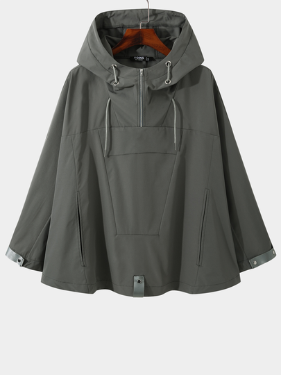 Men Hooded Plain Drawstring Cloak Cape Design Zip Front Coat