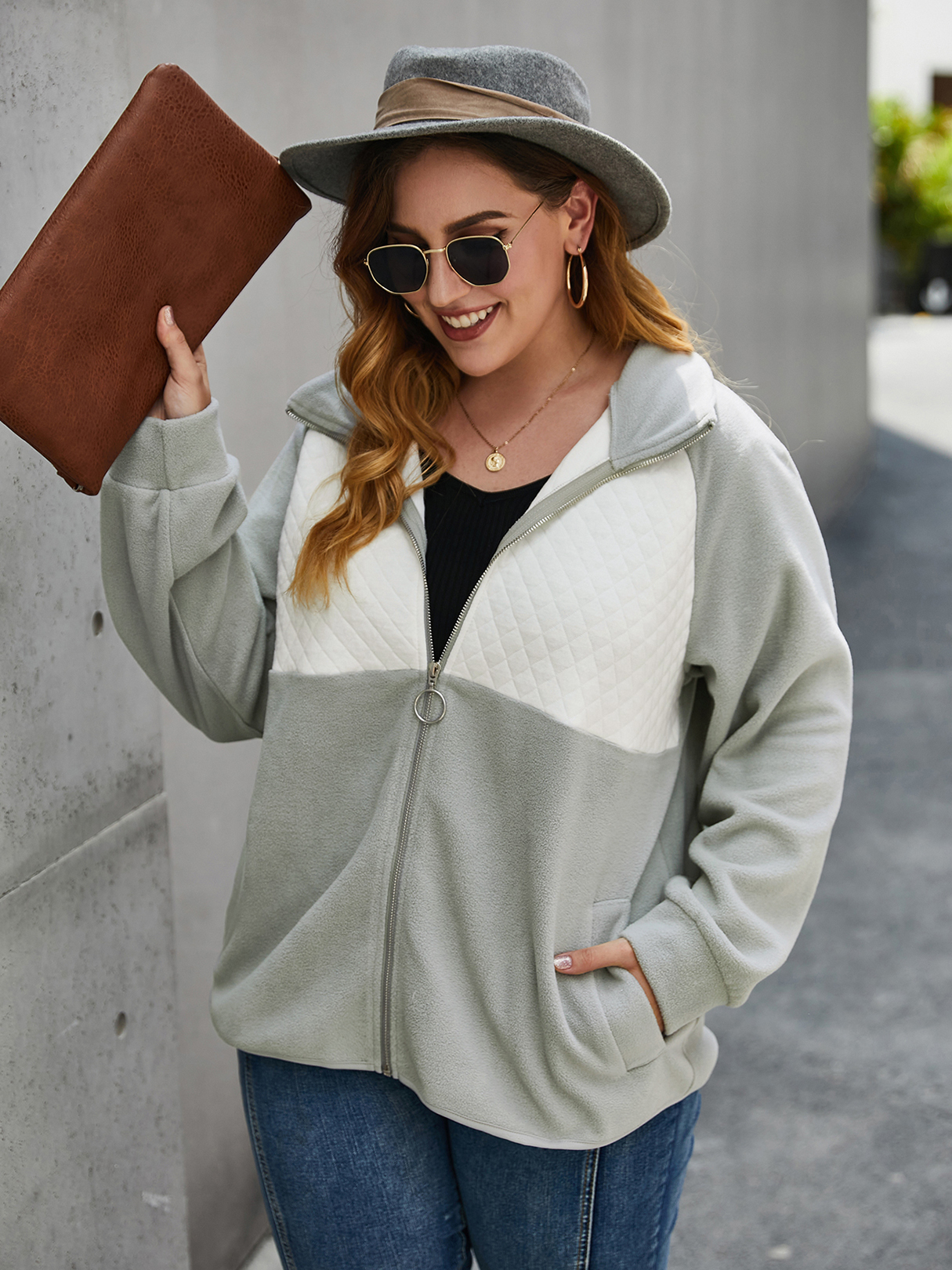Plus Size Lapel Collar Patchwork Side Pockets Long Sleeves Coat