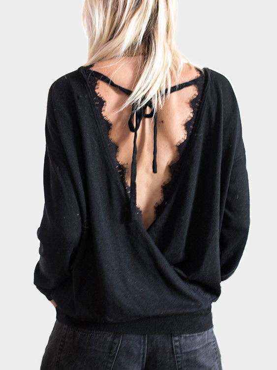 Black Lace Trim Cross Back T-shirt