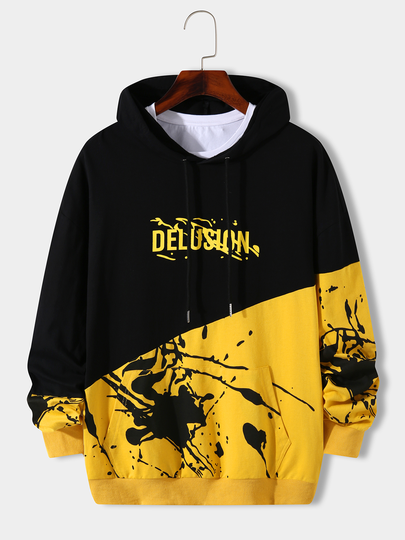 Men Contrast Color Splice Pocket Hoodie