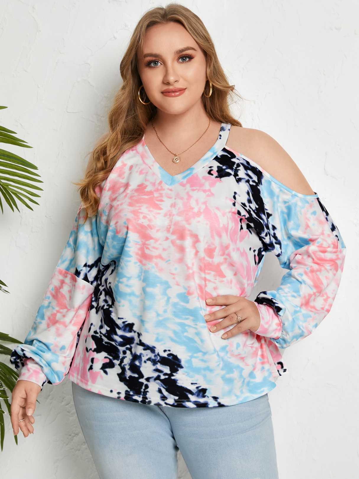 YOINS Plus Size Multicolor Cold Shoulder Tie Dye Long Sleeves Sweatshirt
