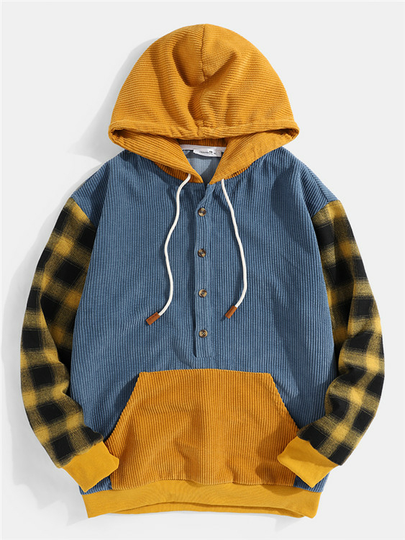 ChArmkpR Men Plaid Corduroy Splicing Half Button Casual Hoodie
