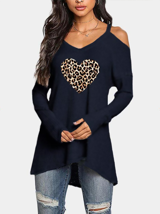 Navy Leopard Heart Print Cold Shoulder Long Sleeves Tee