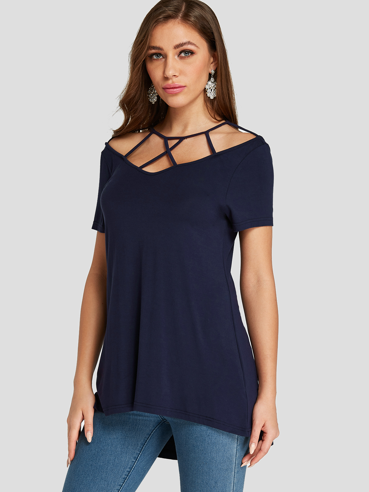 YOINS Navy Spaghetti Strap V-neck Short Sleeves Tee