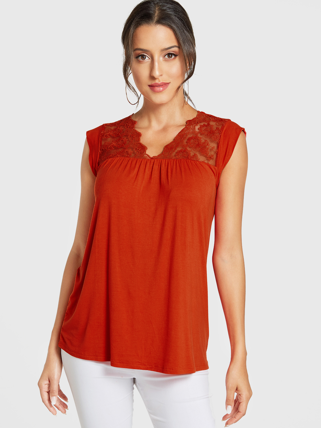 YOINS Orange Lace Insert V-neck Sleeveless Top
