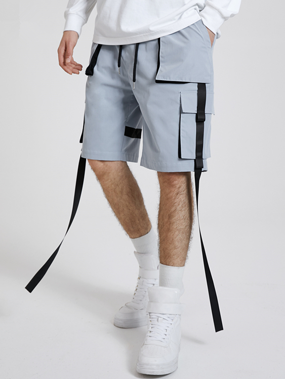 KOYYE Men Casual Plain Ribbon Multi-pocket Cargo Shorts