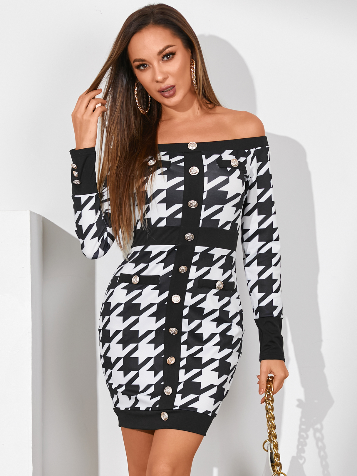 YOINS Houndstooth Front Button Off The Shoulder Long Sleeves Dress
