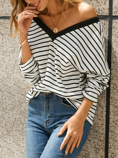YOINS White Striped Backless Design V-neck Long Sleeves Tee