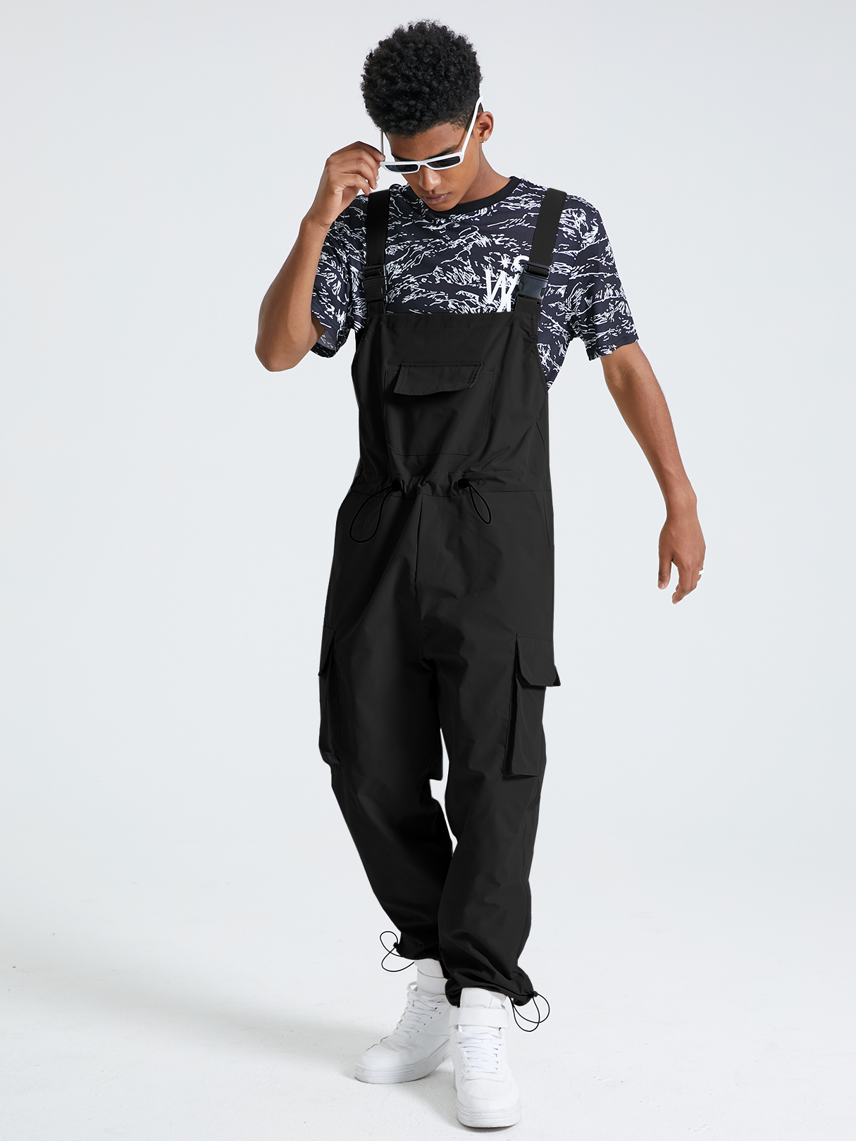 Men Fashion Solid Color Drawstring Cargo Suspender Jumpsuit