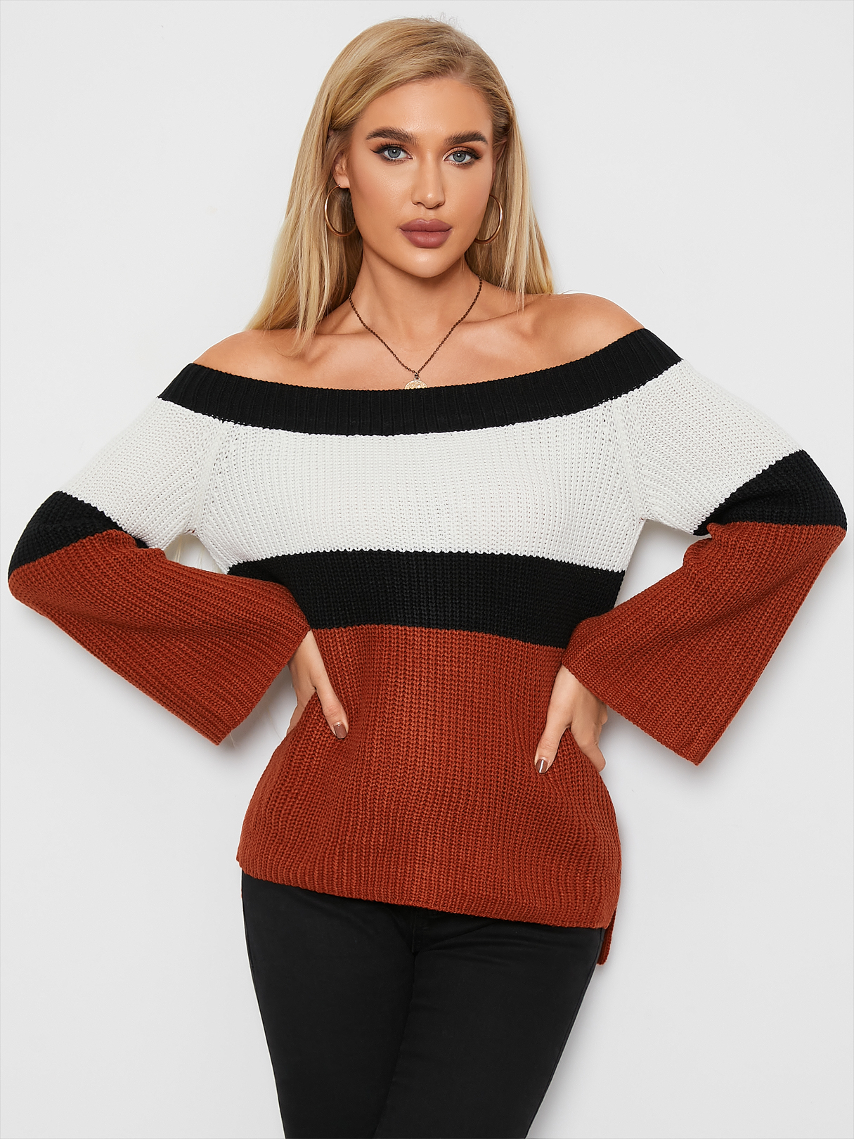 YOINS Multicolor Striped Patchwork Off The Shoulder Sweater